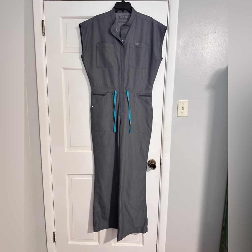 Figs Women's Gray Jumpsuit with Teal Drawstrings